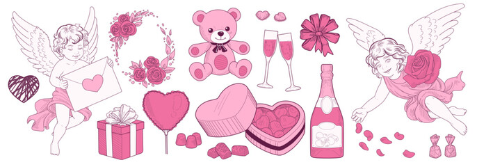 Fototapeta premium Valentines Day hand drawing. Doodle Cupid, heart, Cherub. Tattoo love angel. Watercolour bow, arrow, chocolate sweets and botanical frame decor. Wedding icon ribbon. Baby on cloud. Vector isolated set