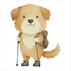 Cute watercolor dog hiking with poles vector on white background
