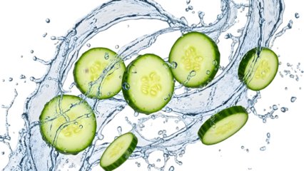 Fresh cucumber slices creating dynamic water splashes, healthy and hydrating food presentation