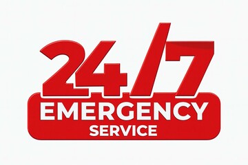 Bold red 24 7 emergency service sign with clear white text on a white background symbolizing constant availability