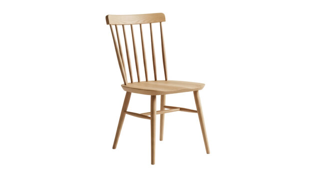 Light wood spindle chair isolated PNG on transparent background, minimalist furniture for dining room or kitchen decor