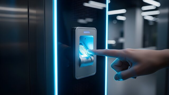 A hand scanning a fingerprint on a futuristic biometric access panel, highlighting advanced security technology and digital authentication.