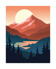 Summer travel. Scenic sunset horizon. Rocky landscape. Hiking adventure journey card. Mountain peak. Coniferous trees forest. River valley evening panorama. Camping tourism. Vector wild nature banner