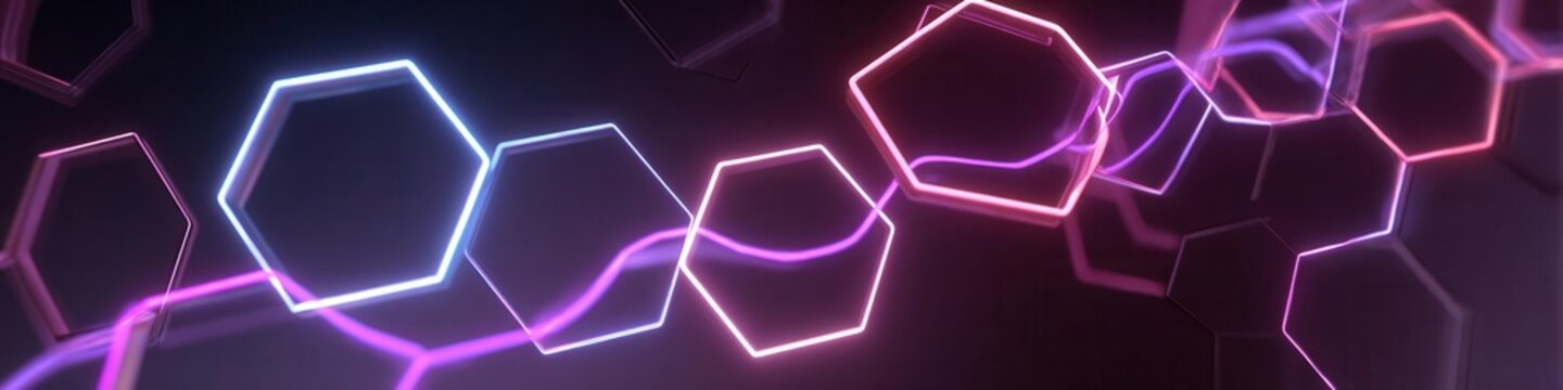 Abstract Glowing Hexagon Shapes with Neon Lines on Black