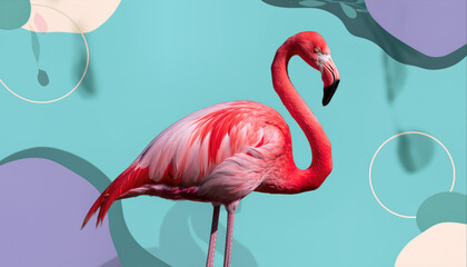 Obraz premium Flamingo standing on a colorful background during daytime at a creative art place