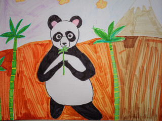 Colorful illustration of a panda bear standing in a vibrant landscape, surrounded by green bamboo plants and a distant mountain, showcasing a playful and whimsical nature scene © Sofa