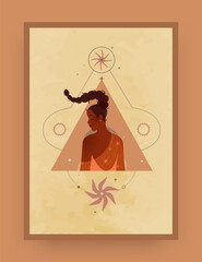 Woman magic. Young female Boho portrait. Mystic line symbols. Spiritual stars and abstract sun astrology icons. Beautiful people profile. Mystical girl face. Occult pentagram. Vector esoteric card