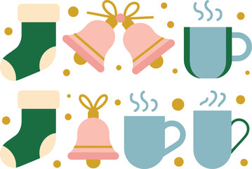 Christmas holiday icon set with bells, stockings, hot drinks, gift boxes, cozy winter elements, flat minimalist seasonal illustration