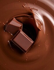Top-down view of liquid chocolate, rich deep brown color, high-gloss surface reflecting light, two chocolate pieces creating a splash, abstract food texture.