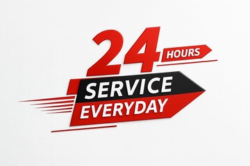 Bold red and black arrow sign indicating 24 hours service everyday with dynamic motion lines