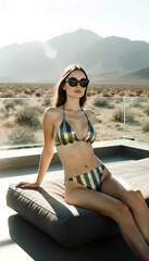 High Contrast Luxury Fashion Editorial in Metallic Olive Bikini in Arid Desert Setting