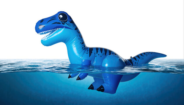 Inflatable dinosaur floats on water under bright sunlight in a clear sky during summer