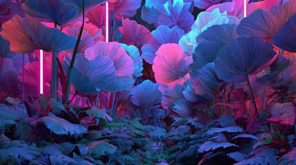 Vibrant neon lights illuminate a lush otherworldly garden of blue and pink flora