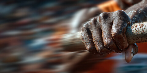 Close-up of a person's hand gripping a pole, suggesting effort and determination during an activity