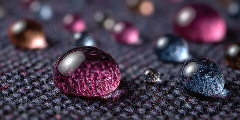 Waterproof Fabric Texture with Spherical Droplets of Liquid, Close-Up Macro View