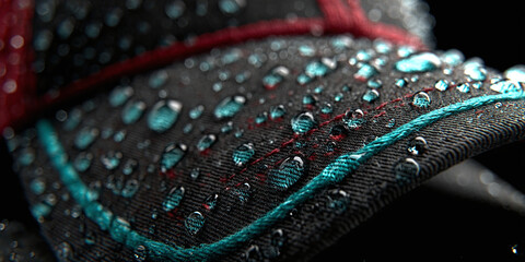 Close-up macro shot of water droplets on fabric, showcasing water-repellent textile properties