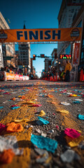 Vibrant confetti scattered across a street finish line signifies the triumphant conclusion of a sporting event, celebrating victory and achievement
