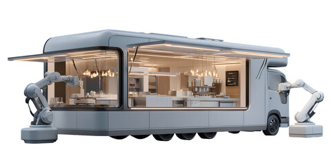 A futuristic food truck with automated robotic arms for cooking and serving isolated on white background