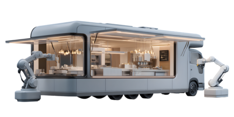 A futuristic food truck with automated robotic arms for cooking and serving isolated on white background