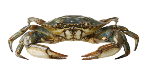 A detailed front-facing studio shot of a green shore crab on a black background isolated on white background
