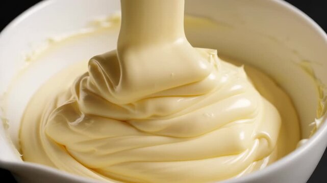 Abstract top-down rotating close-up of thick organic creamy shea butter filling a white bowl highlighting the rich texture and consistency pure, movement, product photography