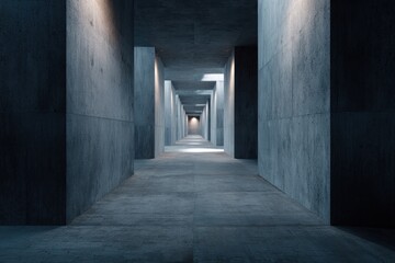 Obraz premium A minimalist concrete hallway stretches into the distance, bathed in soft light, evoking a sense of serenity and architectural elegance.