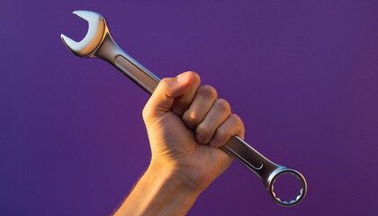 Action Shot of Hand Holding a Silver Wrench Against Purple Background for Industry and DIY Purposes