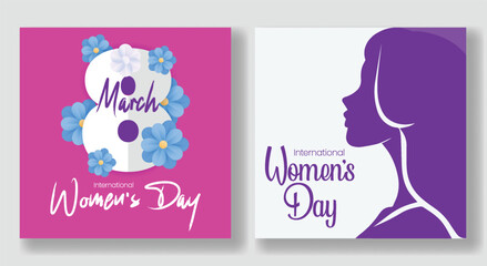 8 March Women’s Day floral background with female silhouette vector, trendy social media post design, modern square flyer poster and promotional website banner template