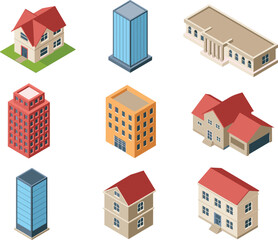 Isometric 3D building icon set with houses, apartments, offices, skyscrapers, and classical architecture for real estate and urban design © MSAYASHA