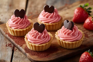 Tartlets with strawberry mousse, topped with chocolate hearts.