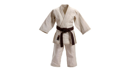 A cream colored martial arts uniform with a brown belt against a black background isolated on white background