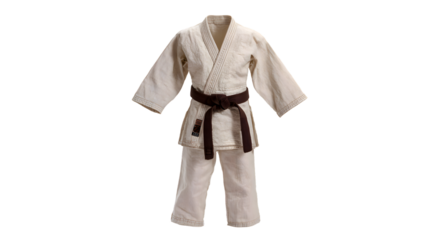 A cream colored martial arts uniform with a brown belt against a black background isolated on white background