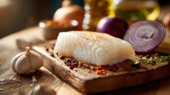 Fresh cod fillet prepared with spices on a rustic board