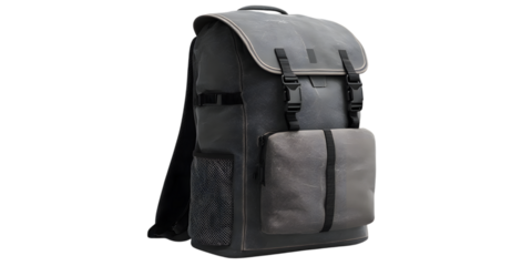 Modern dark gray backpack with unique texture and functional design details for travel isolated on white background