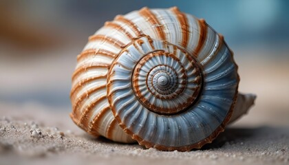 Close-up macro shot of a nautilus shell spiral on a sandy beach with blurred background