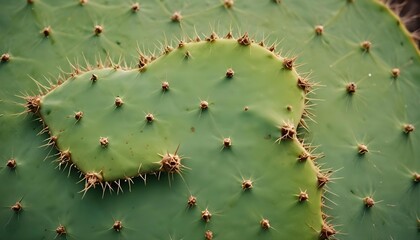 Close-up macro view of prickly pear cactus pads with sharp spines and textured surface