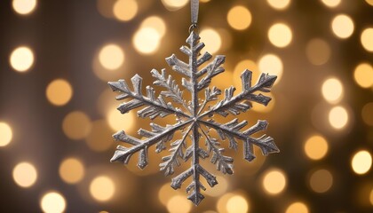 Close-up of a sparkling silver snowflake ornament hanging against a bokeh background of warm lights