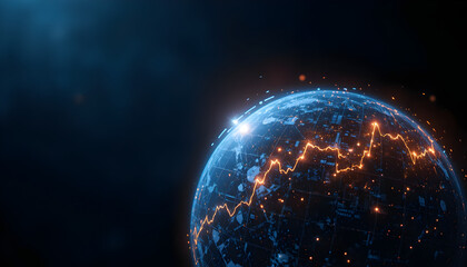 “Earth globe with financial graph overlay and glowing lines, world economy and market analysis theme, dark professional background, copy space.”
