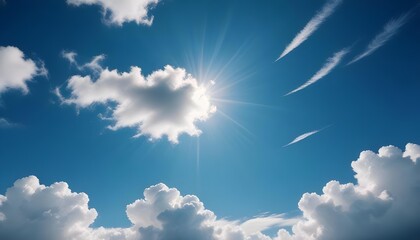 Bright sunbeams pierce through fluffy white clouds on a clear blue sky