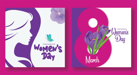 Minimalist 8 March Women’s Day social media and Instagram posts template with floral vector background, female face silhouette artwork, stylish square flyer poster web banner design