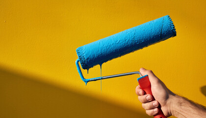 Hand with Blue Paint Roller Against Yellow Wall