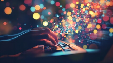 Close up of hands typing on a laptop keyboard with vibrant colorful bokeh light data stream explosion