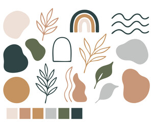 Abstract boho botanical elements with organic shapes, leaves, rainbows, arches and earthy neutral palette arranged as modern minimal decorative design collection. Vector illustration.