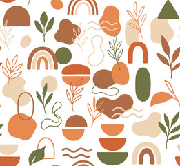 Abstract boho pattern with organic shapes, rainbows, leaves, botanical elements and earthy terracotta colors arranged in seamless modern decorative background style. Vector illustration.