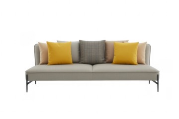 Gray couch with yellow and beige pillows isolated on a transparent background sofa