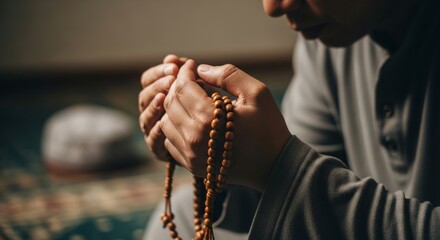 Close-up of hands holding Tasbih prayer beads during a spiritual devotion or counting ritual, emphasizing faith and religious concentration.
