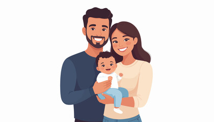 Joyful young family portrait illustration, depicting loving parents happily holding their adorable infant baby, symbolizing happiness, parenthood, and new beginnings