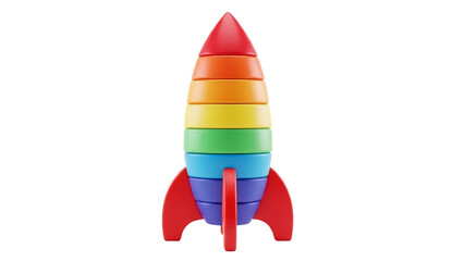 Colorful wooden stacking rocket toy isolated PNG, educational game for kids on transparent background