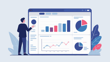 businessman analyzing a data dashboard with charts and graphs vector illustration