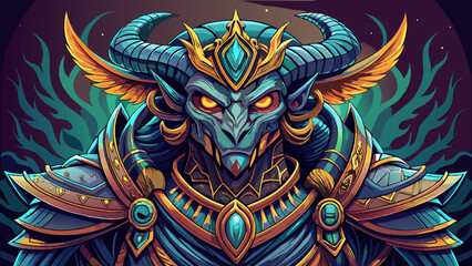 Obraz premium Very beautiful stylized depiction of a legendary horned creature from ancient folklore, featuring dramatic armor, mystical patterns, glowing eyes, and dynamic pose suitable for high-detail vector 